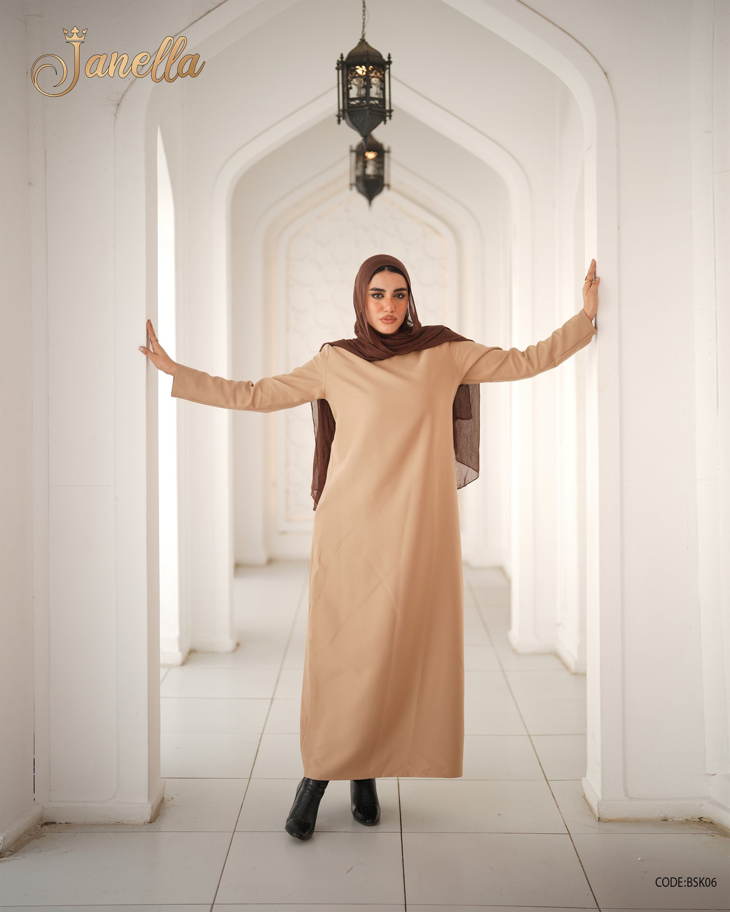 فستان طويل بيسيك بكم لون جملي