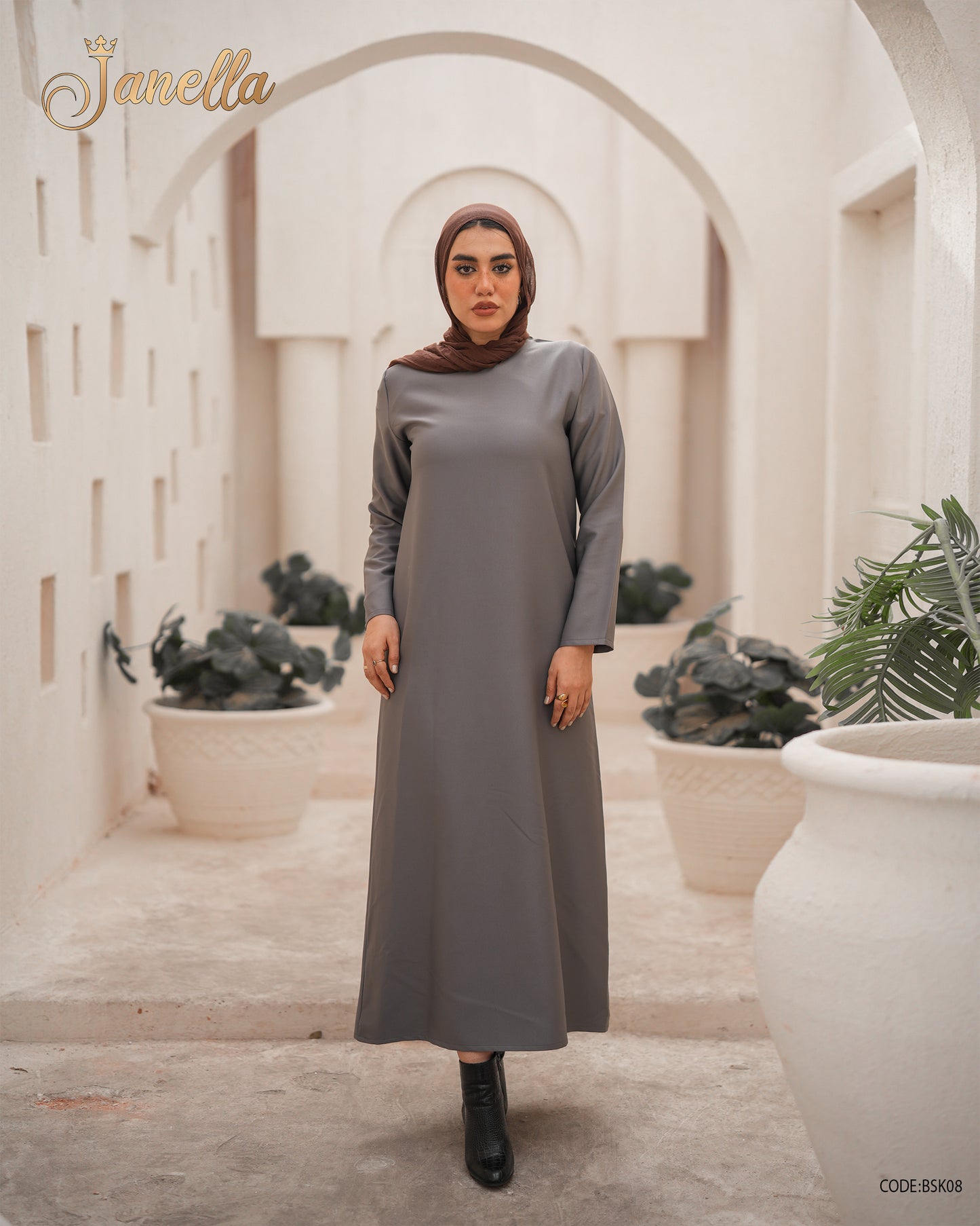 فستان طويل بيسيك بكم لون رصاصي