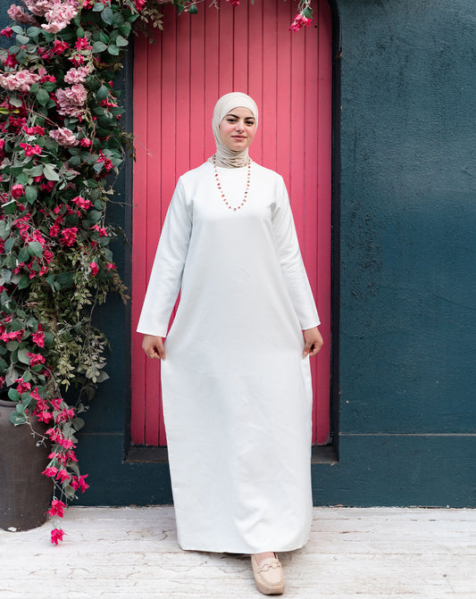 فستان طويل بيسيك بكم لون ابيض