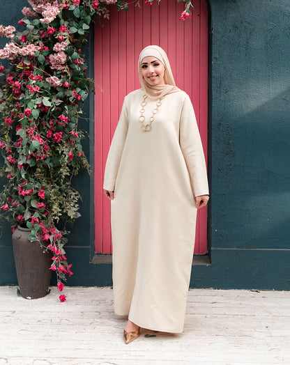 فستان طويل بيسيك بكم لون بيج