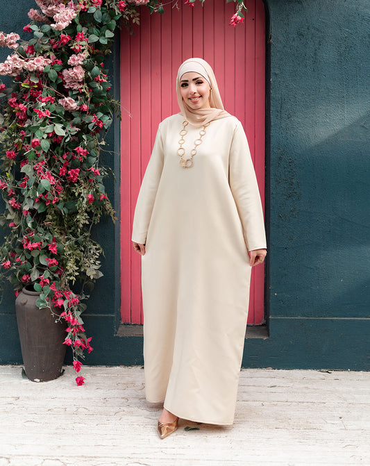 فستان طويل بيسيك بكم لون بيج