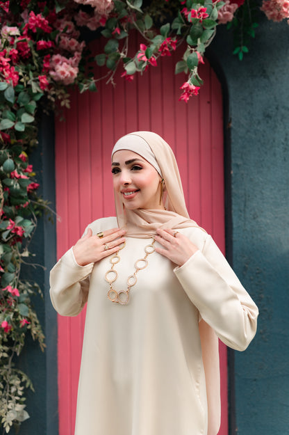 فستان طويل بيسيك بكم لون بيج