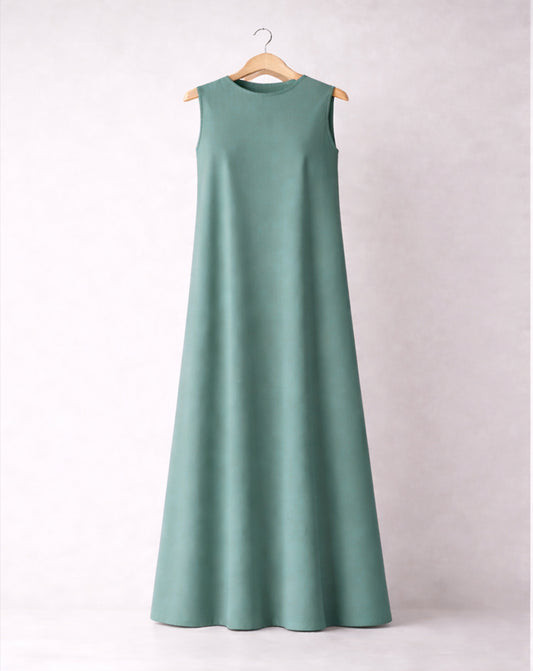 فستان طويل بيسيك بدون أكمام لون جنزاري